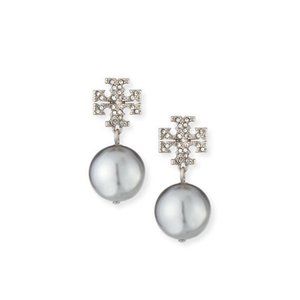 Tory Burch Crystal Pearl Logo Drop Earring **Missing two crystals